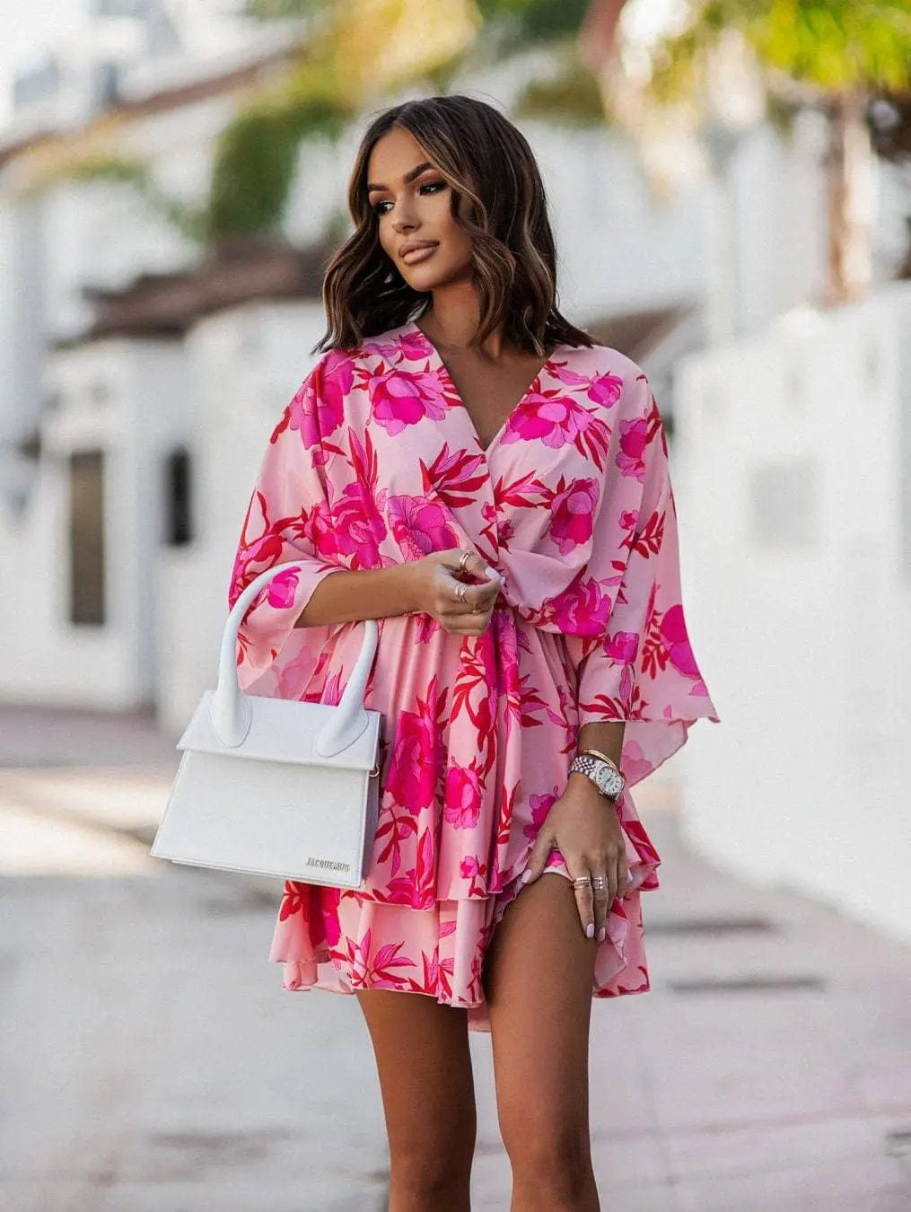 Pink Boho Floral Mini Dress Fashionable Summer Mini Dress
