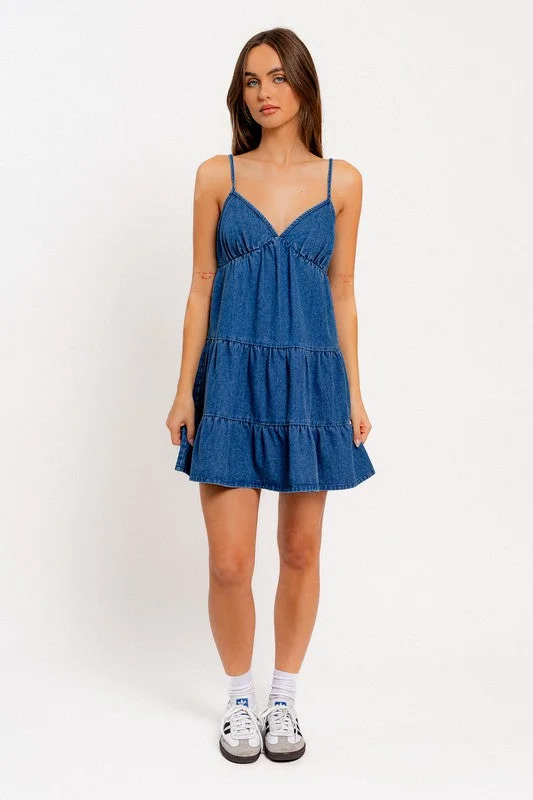 Ready to Charm Tiered Denim Mini Dress Casual Button-Up Mini Dress
