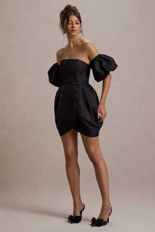 Ramone | Black Bardot Mini Dress With Tulip Hem Cozy Long Sleeve Mini Dress