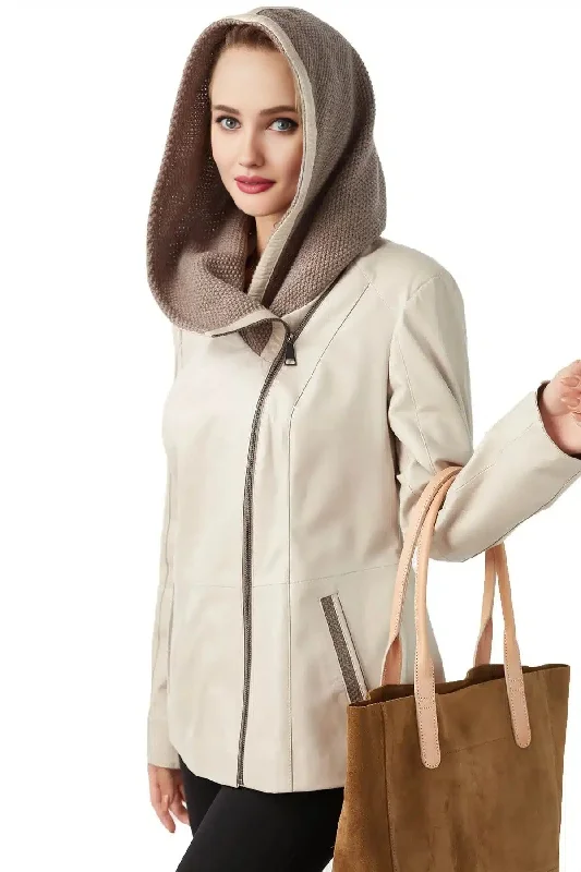 Sandra Beige Hooded Leather Jacket For Women Notch Collar Peter Pan Collar Cowl Neck