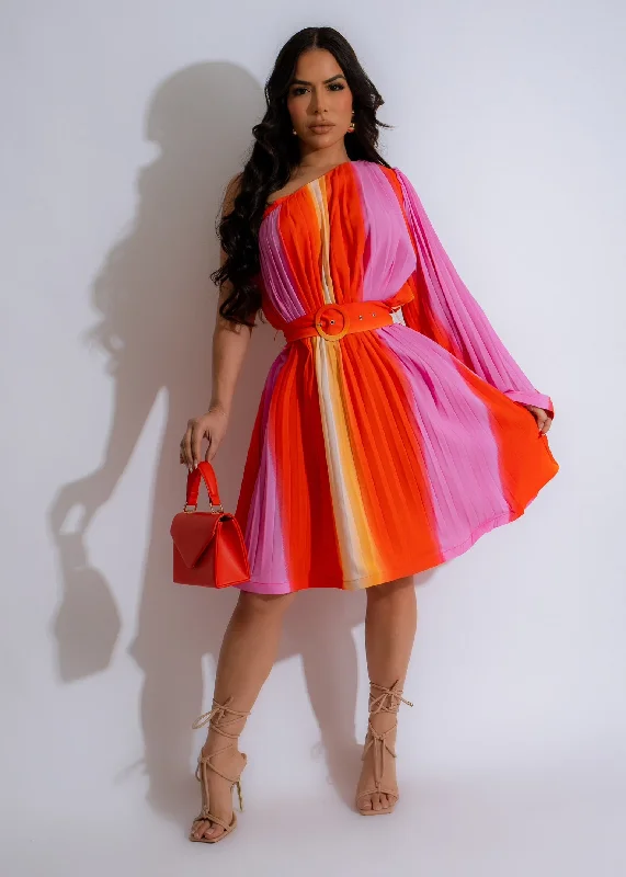 Sunset Day Pleated Mini Dress Orange Classic Casual Mini Dress