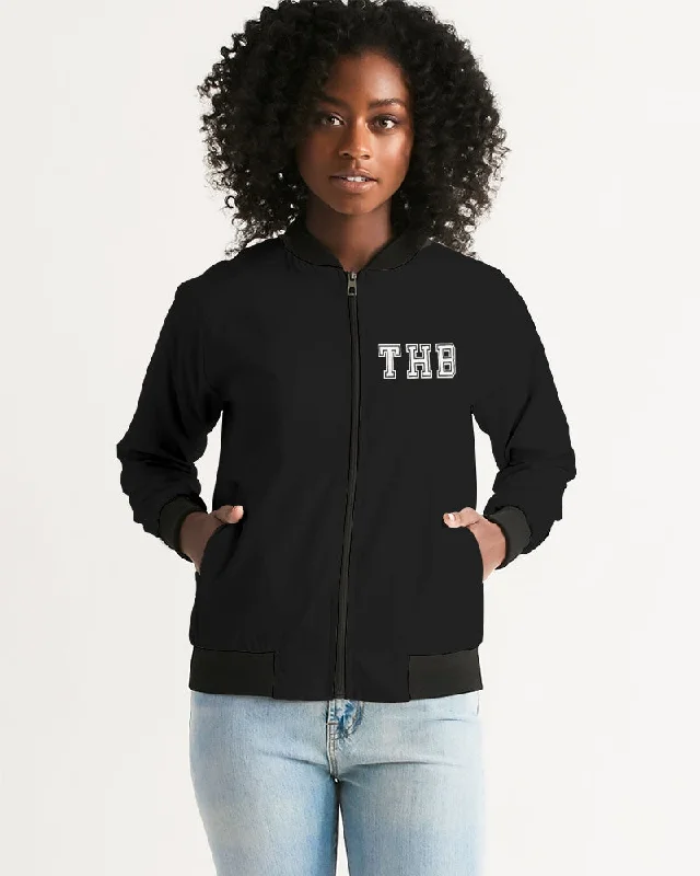 THB Varsity - Black Women's Bomber Jacket Ribbed Jacket Pleated Jacket Ruffled Jacket THB Varsity - Black Women's Bomber Jacket Ribbed Jacket Pleated Jacket Ruffled Jacket