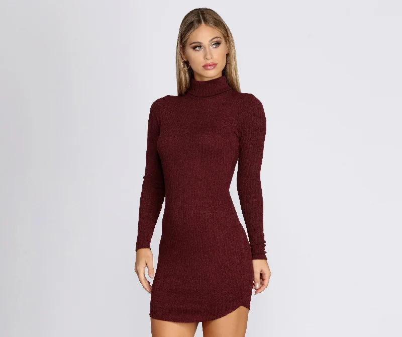 Turtleneck Long Sleeve Charming Ribbed Knit Mini Dress Chic Pleated Mini Dress