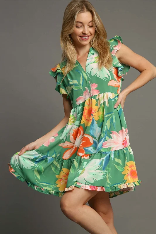 Umgee Floral Print Collared Mini Dress in Sage Mix Stylish Ribbed Mini Dress