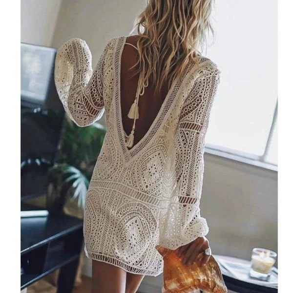 White Lace Sexy Backless Mini Dress Cozy Knit Mini Dress