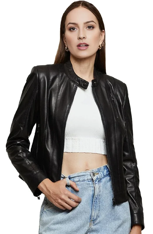 Women Unique Black Leather Jacket Welt Pockets Slit Pockets Flap Pockets