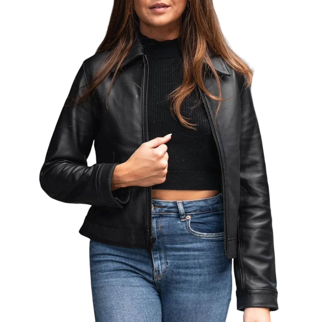 Womens Black Genuine Leather Jacket Toggled Jacket Drawstring Jacket Belted Jacket