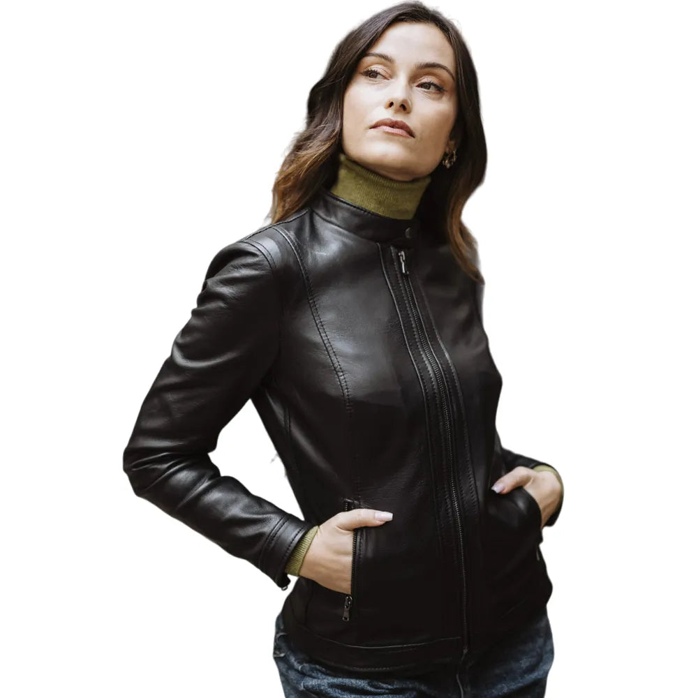 Womens Black Lamb Leather Jacket Toggled Jacket Drawstring Jacket Belted Jacket