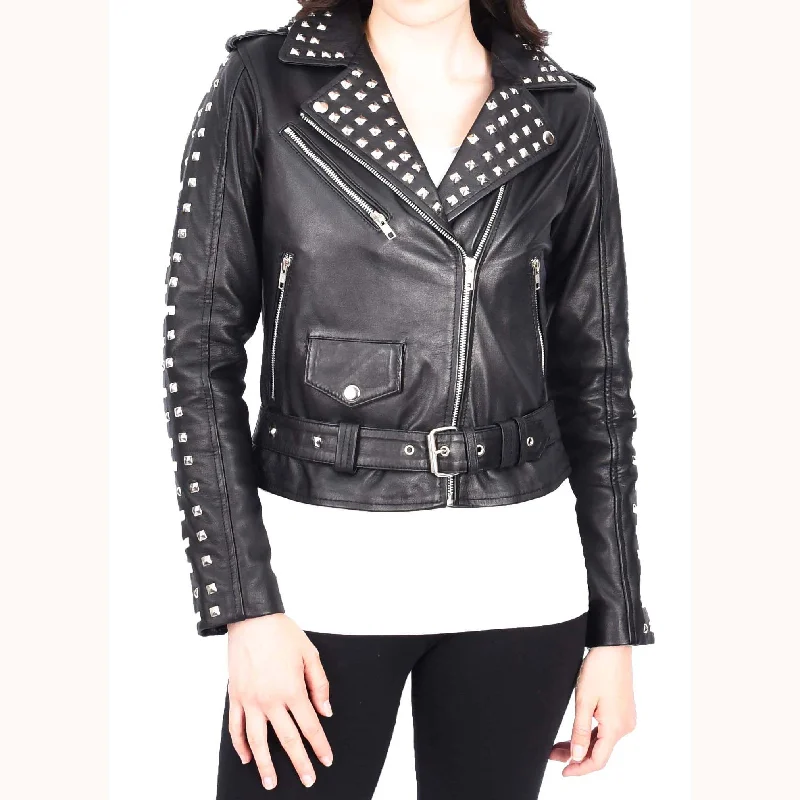 Womens Black Leather Studded Biker Jacket Fitted Brando Style - Stella Cotton Jacket Linen Jacket Terry Jacket
