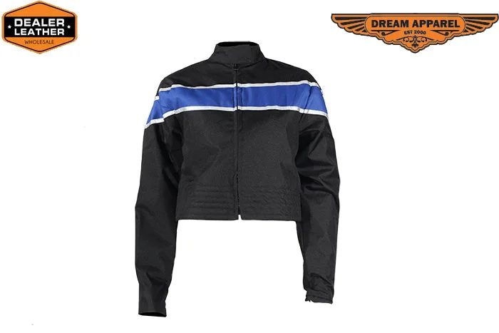 Women's Black Lightweight Textile Jacket W/ Blue Stripe Ribbed Jacket Pleated Jacket Ruffled Jacket