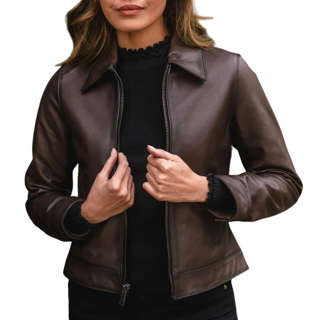 Womens Brown Genuine Leather Jacket Denim Fabric Leather Fabric Suede Fabric