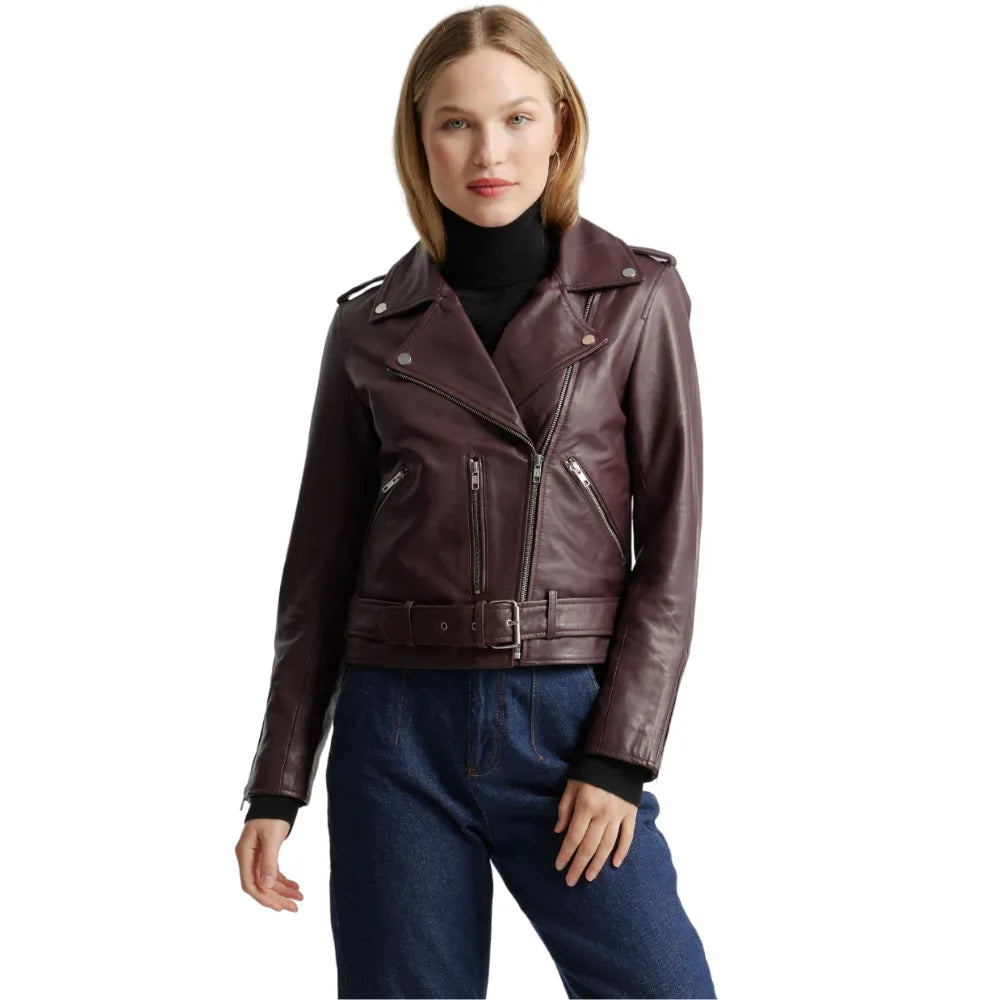 Womens Burgundy Leather Moto Jacket Fleece Jacket Down Jacket Feather Jacket