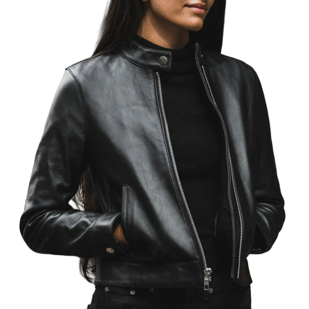 Womens Black Cafe Racer Leather Jacket Fitted Jacket Loose Jacket Oversized Jacket
