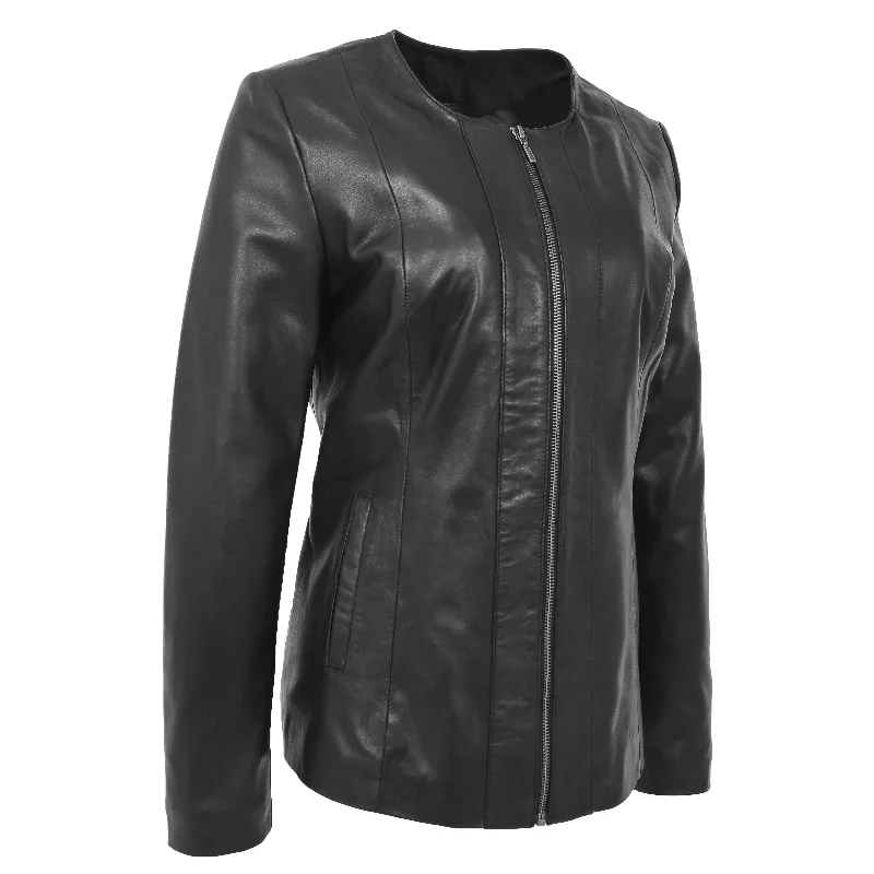 Womens Collarless Black Leather Jacket Round Neck Semi Fit Chelo Nylon Jacket Polyester Jacket Spandex Jacket