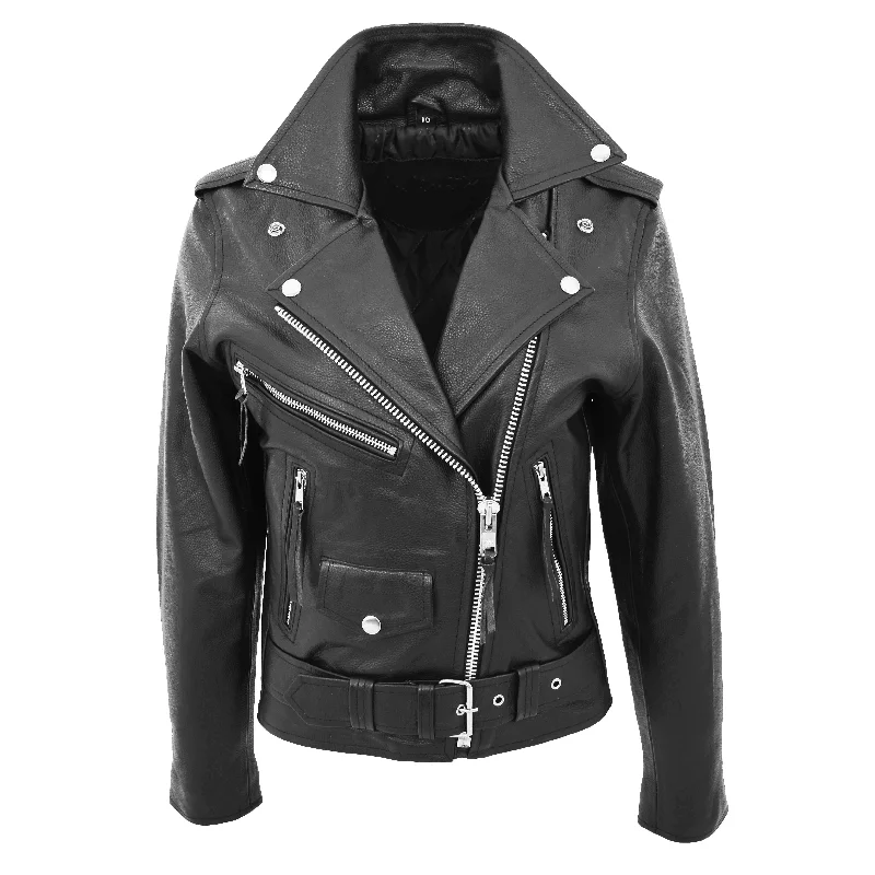 Womens Cowhide Biker Leather Jacket Brando Style Coat Helen Black Knit Fabric Woven Fabric Fleece Fabric