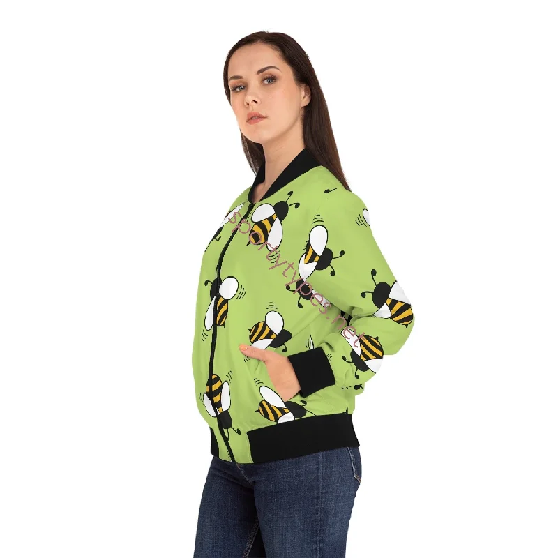 Women's Honey Bees Bomber Jacket Zip Front Button Front Snap Front