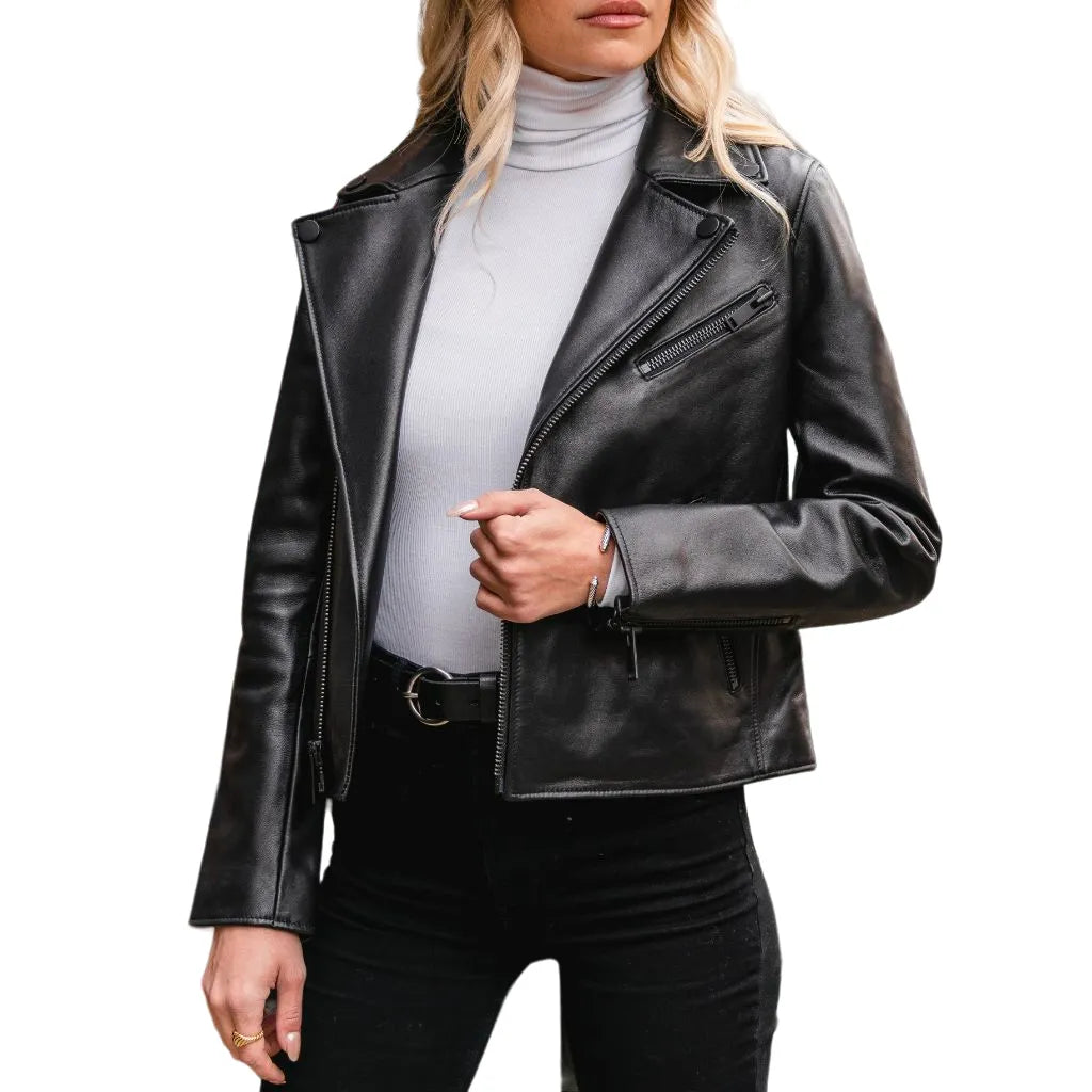 Womens Black Lambskin Leather Moto Jacket Jacket Blazer Coat