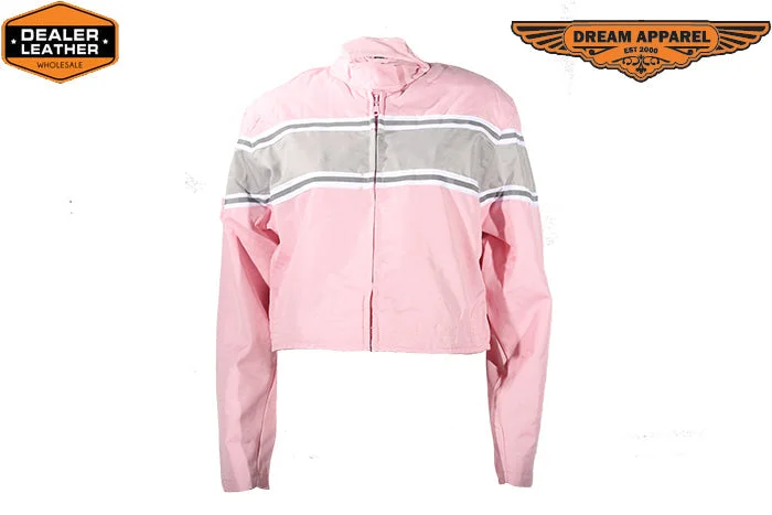 Women's Light Pink Lightweight Racer Style Textile Jacket W/ Thick White Stripe Oversized Jacket Tailored Jacket Straight Jacket
