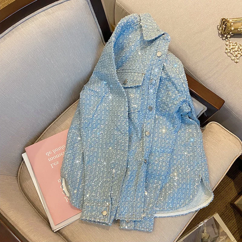 Women's Loose Casual Sequin Short Jacket Denim Jacket Leather Jacket Suede Jacket