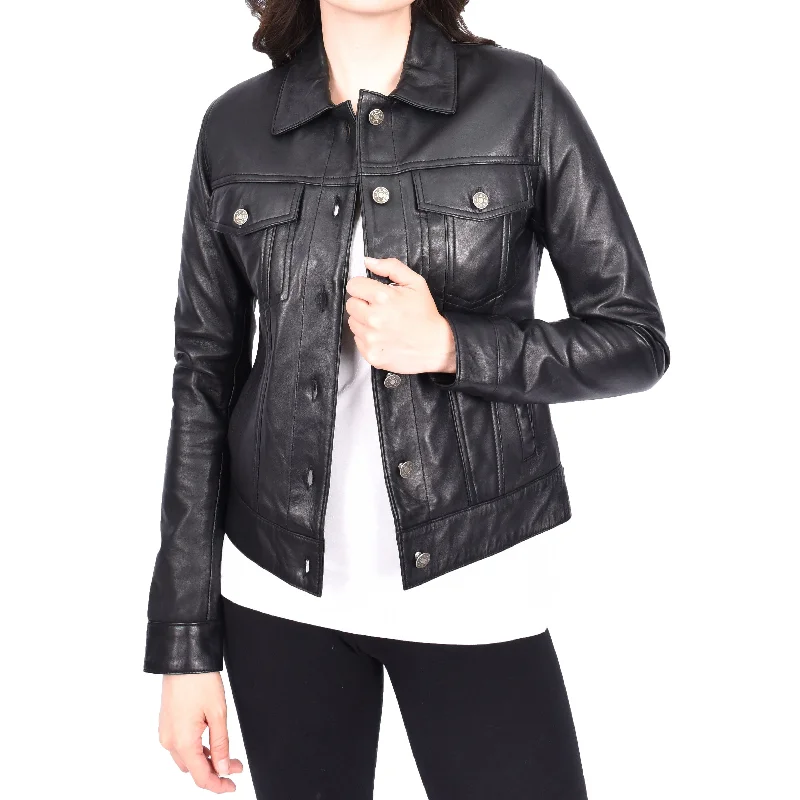 Womens Black Soft Leather Trucker Jacket Fitted Casual Style Zoey Herringbone Jacket Checkered Jacket Solid Jacket Womens Black Soft Leather Trucker Jacket Fitted Casual Style Zoey Herringbone Jacket Checkered Jacket Solid Jacket