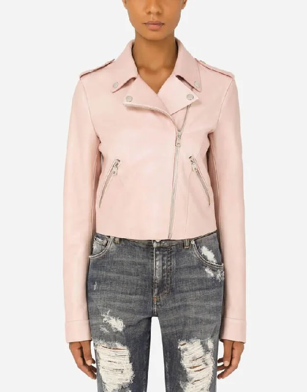 Womens Tab Collar Light Pink Biker Leather Jacket Jersey Jacket Tulle Jacket Batik Jacket