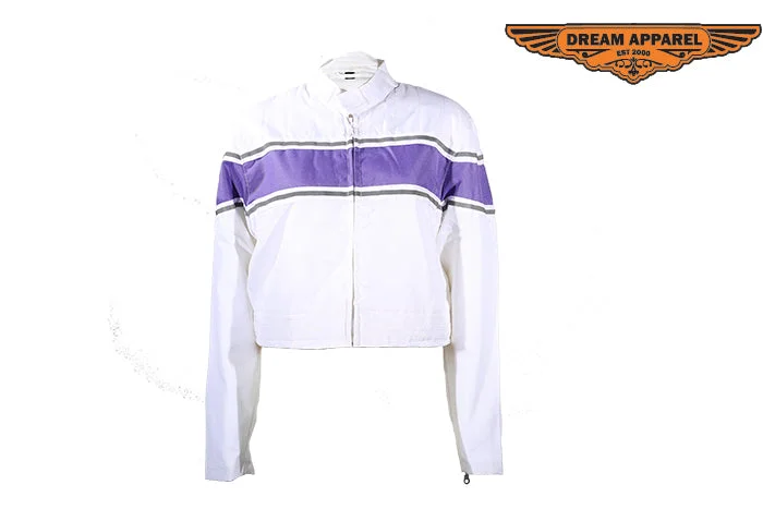 Women's White Lightweight Textile Jacket W/ Purple Stripe A-Line Jacket Boat Neck Shawl Collar