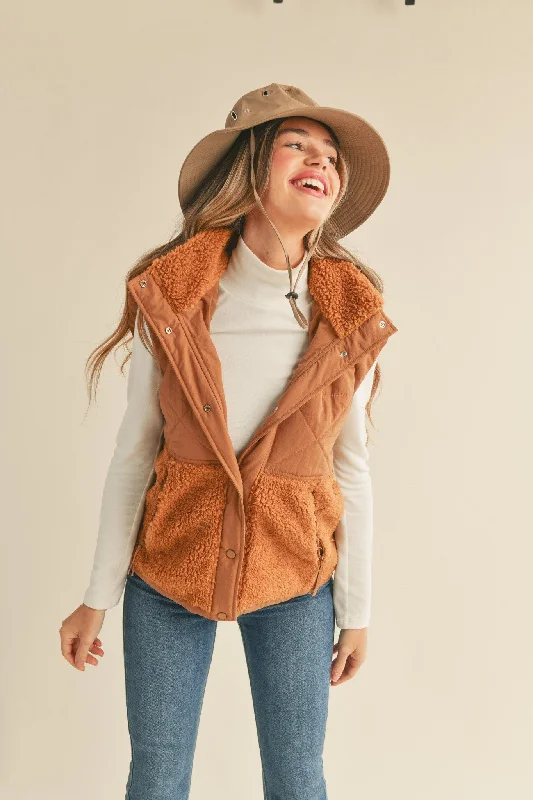 Copper Brown Mixed Media Hooded Vest Hoodie with Relaxed Fit Easy Casual