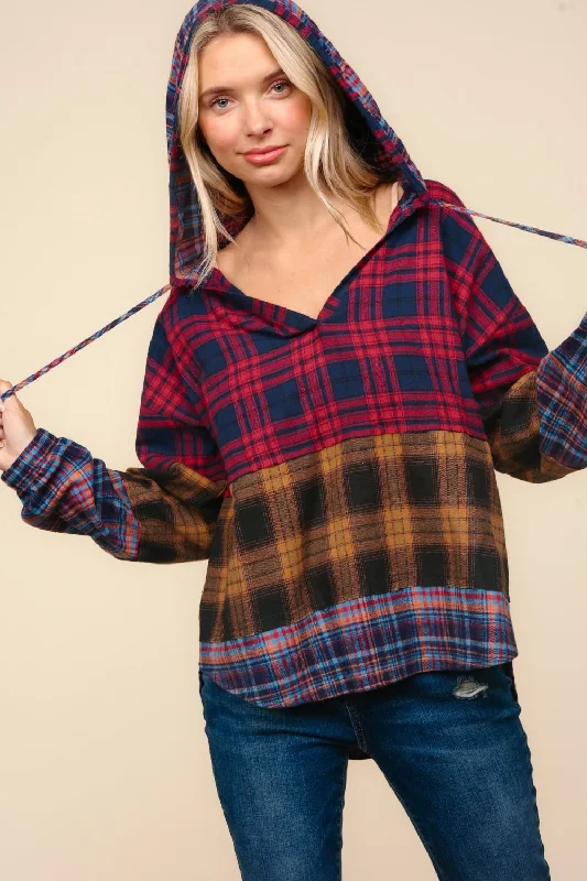 Haptics Plaid Edge Cut Detail Hooded Top Hoodie with Hem Applique Textured Unique