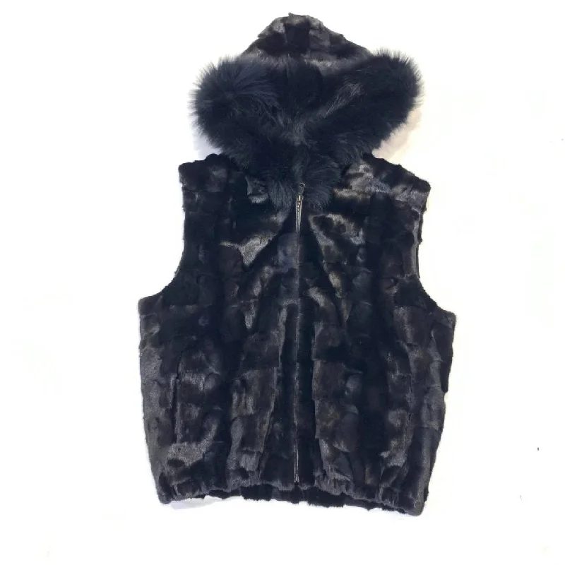 Kashani Black Mink Diamond Cut Fox Fur Hooded Vest Hoodie Sweatshirt Pullover