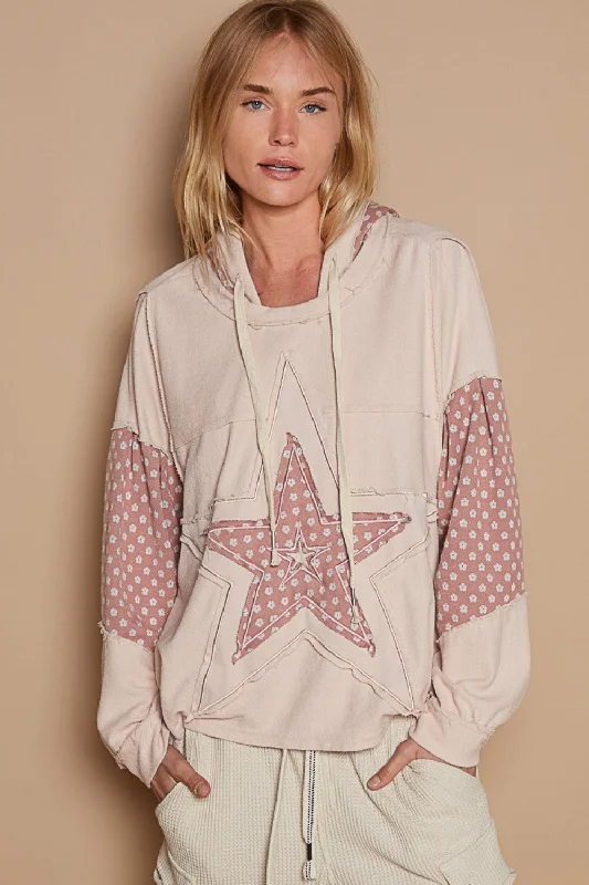 POL Star Patchwork Raw Edge French Terry Hoodie Hoodie with Rhinestones Sparkly Elegant