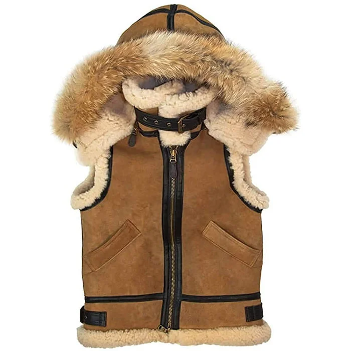 Women's Tan Hooded B-3 Suede Leather Shearling Vest Hoodie with Color Block Contrast Stylish