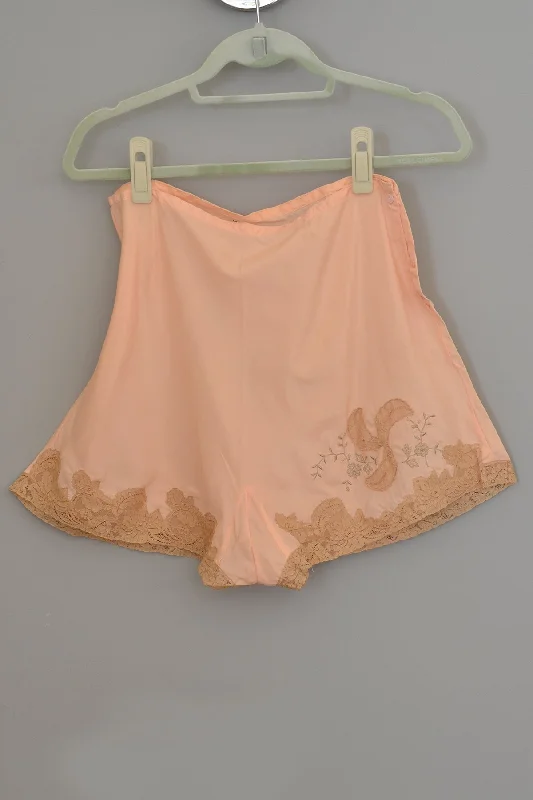 1930s 40s Peach Crepe Embroidered Lace Appliqué Pin Up Tap Pants Relaxed High-Waist Trousers