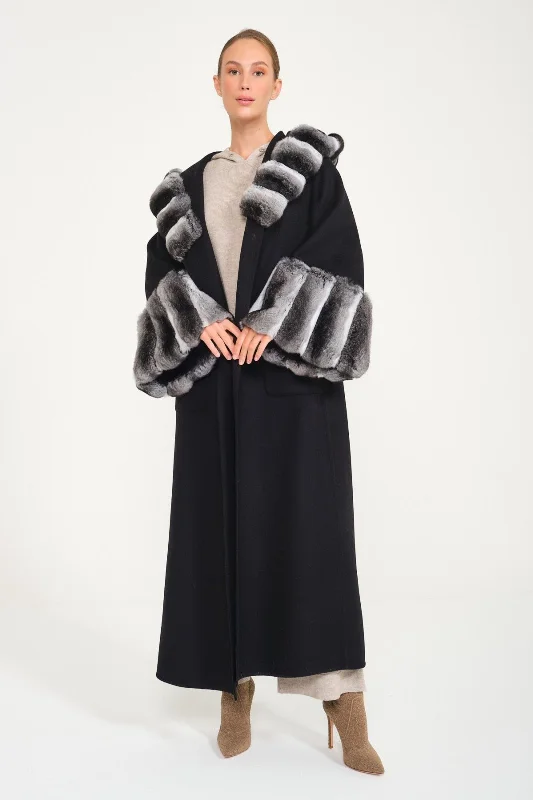 Black Hooded Wool Chinchilla Fur Abaya Hoodie with Button Classic Timeless
