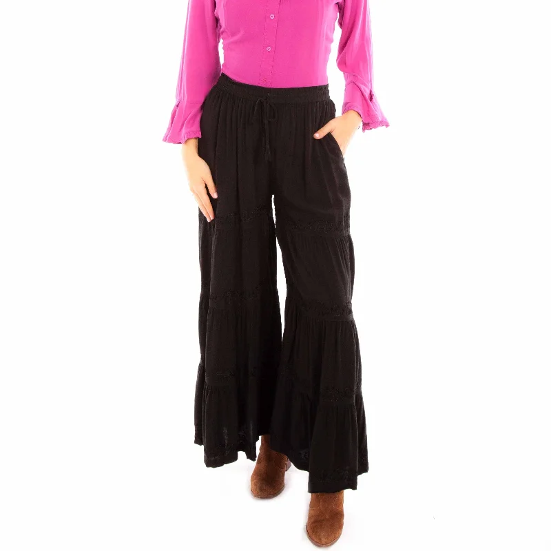 Black Palazzo Embroidered Pants by Scully for Bourbon Cowgirl Stylish Slim Trousers