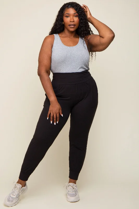 Black Soft Knit Plus Jogger Pants Comfortable Denim Trousers