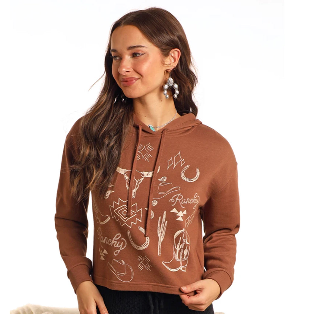 Rock & Roll Women's Range Western Graphic Cropped Hoodie Hoodie with Tied Waist Feminine Flattering