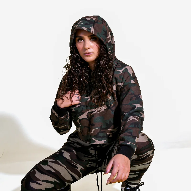 Long Sleeve Crop Top Hoodie - Camo Hoodie with Toggle Buttons Decorative Unique