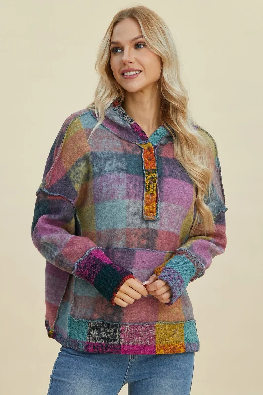 Double Take Full Size Plaid Dropped Shoulder Hoodie Hoodie with Ribbed Neckline Snug Warm