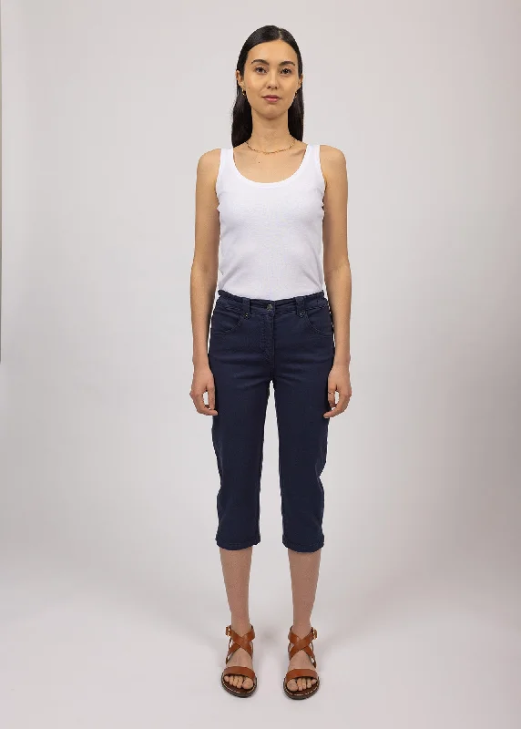 Elodie three quarters pants - in cotton, comfort fit (MARINE) Comfy High-Waist Jeans