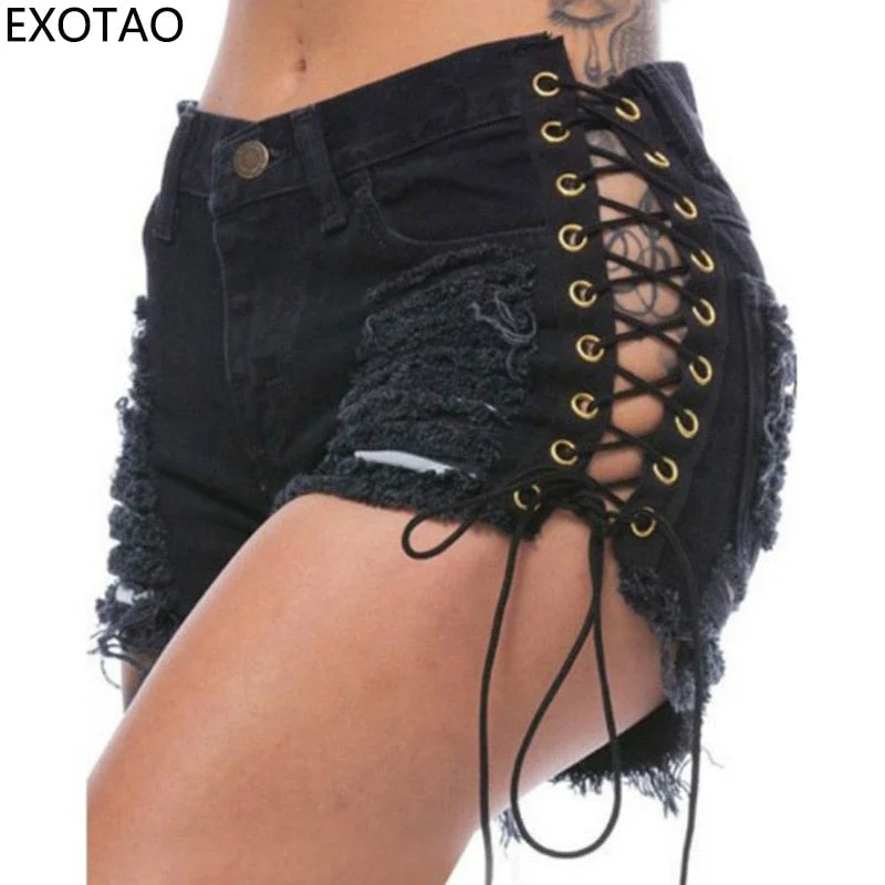 EXOTAO summer black lacing women's shorts ripped women's denim shorts sexy bandage high waist shorts ripped short pants women Sleek Black Pants