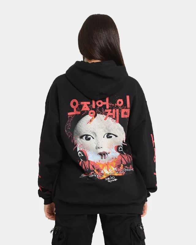 Goat Crew X Squid Game Doll Vintage Hoodie Black Hoodie with Hem Fringe Bohemian Relaxed
