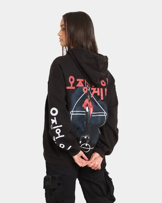 Goat Crew X Squid Game Members Vintage Hoodie Black Wash Hoodie with Puffed Sleeves Voluminous Trendy
