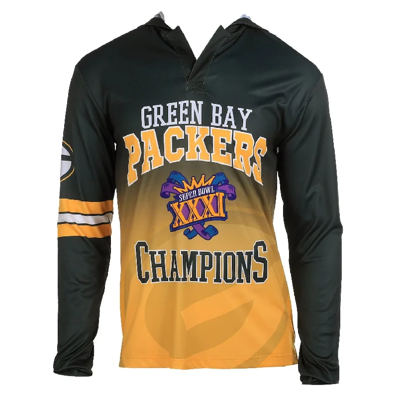 Green Bay Packers Super Bowl 31 Champions Men's Retro Hooded Tee Hoodie with Turtle Neck Cozy Winter