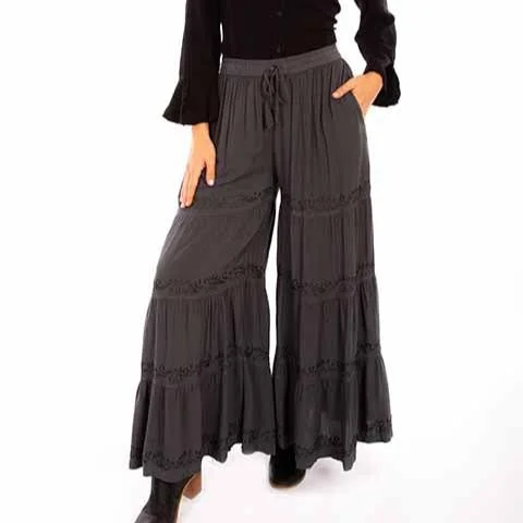 Gun Metal Palazzo Embroidered Pants by Scully for Bourbon Cowgirl Trendy High-Waist Trousers