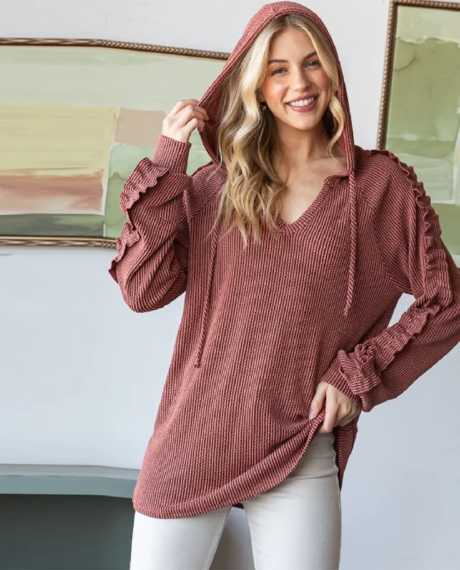Plus V-Neck Hoodie Urban Ribbed Top with Ruffle Sleeves Hoodie with Hem Raw Edge Edgy Unfinished