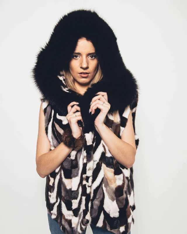 Hooded Mink Multi-tones Patchwork Vest with Fox Trim Hoodie with Cuffed Sleeves Snug Secure