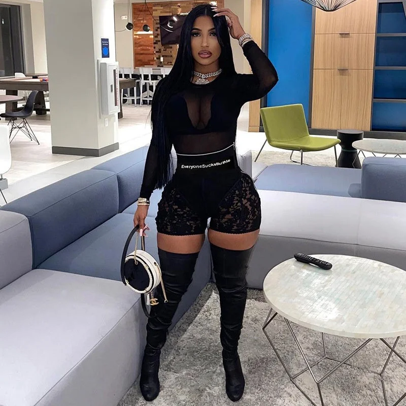 Hot Sale Nightclub Lady High Waist Zipper Shorts See Through Patchwork Pants Women Letter Black Lace Shorts Comfy Cargo Trousers
