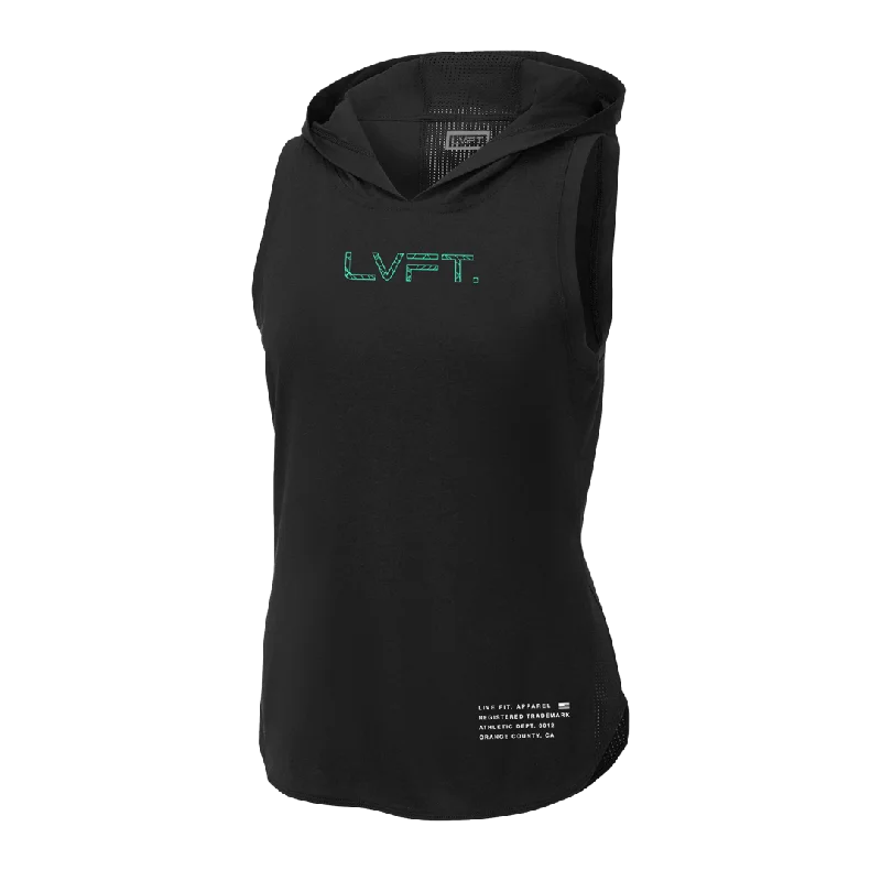 Ladies Vector Sleeveless Hoodie - Black / Teal Hoodie with Distressed Vintage Worn