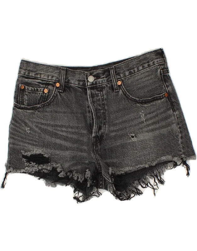LEVI'S Womens 501 Distressed Denim Hot Pants W28 Medium Grey Cotton Warm Wool Trousers