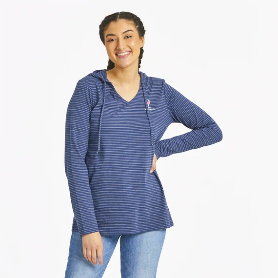 Life is Good. Women's Wine Glass Long Sleeve Striped Crusher-LITE Hooded Tee, Darkest Blue Hoodie with Zipper Versatile Modern